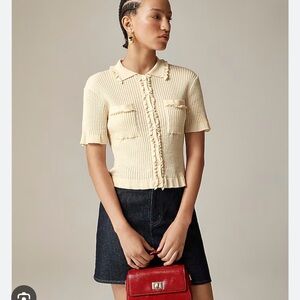 J. Crew Cream pointelle ruffle-trim cardigan